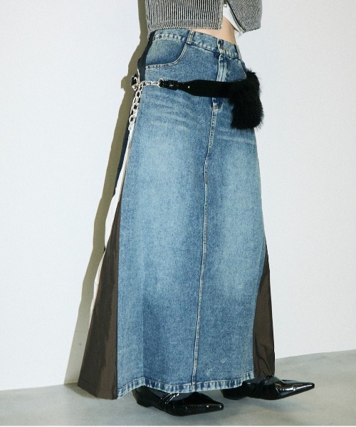 [ジェッソ] コットン デニム ロング スカート/関税送料込 Clum デニムスカート sports mix docking denim long skirt