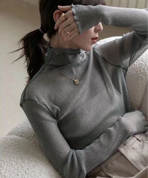 P666 新品未使用 L レオナール ラメ シースルー カットソー レディース tシャツ ラメのきらめきで魅せる、大人可愛いシースルートップス