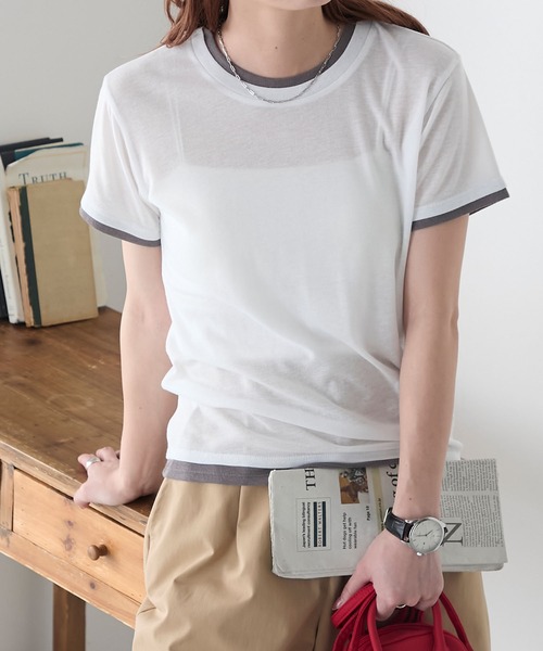 tシャツ シアーレイヤード　フロントホックT レディース BONLECILL tシャツ シアーテレコレイヤード風半袖TEE レディース