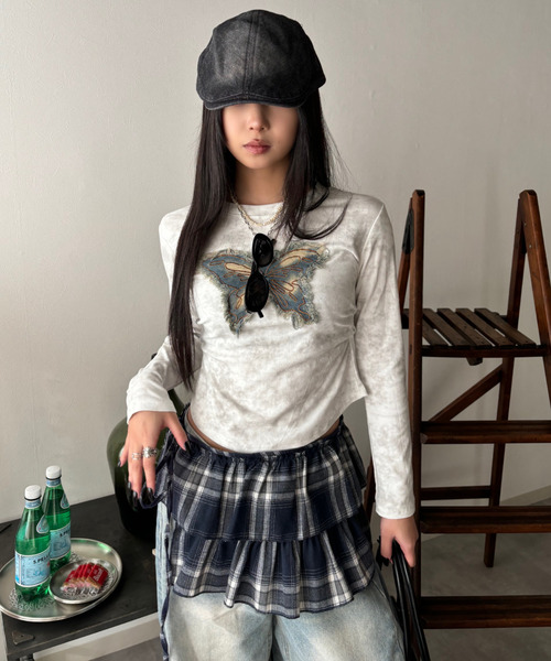 【最終値下げ】スカート　デニム　チェック　レイヤード　ミニスカート セール】チェック柄レイヤードミニスカート（スカート）｜ROYAL