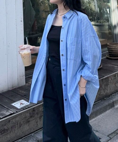 【美品】オレボレブラ 長袖シャツ 刺繍ステッチ ブルー L 紳士仕立てゆったり fredy emue（フレディエミュ） ブラウス シャツ 刺繍入りオーバー