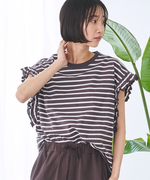 MIYAO ミヤオ 袖フリル トップス ボーダー カットソー MIYAO ミヤオ 袖フリル トップス ボーダー カットソー