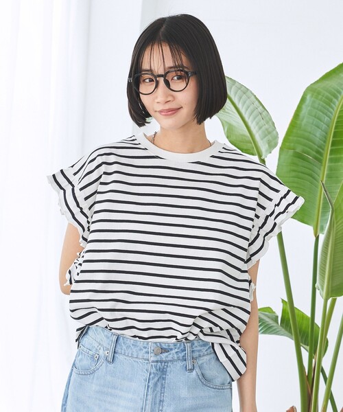 cen. ボーダーフレアカットソー　ブラック tops-02405 オーバーサイズボーダーTシャツ ホワイト ブラック
