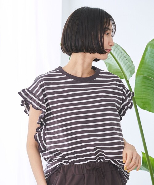 coen（コーエン） tシャツ ボーダーフリルカットソー レディース