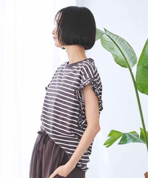 coen（コーエン） tシャツ 半袖 ボーダーフリルカットソー レディース