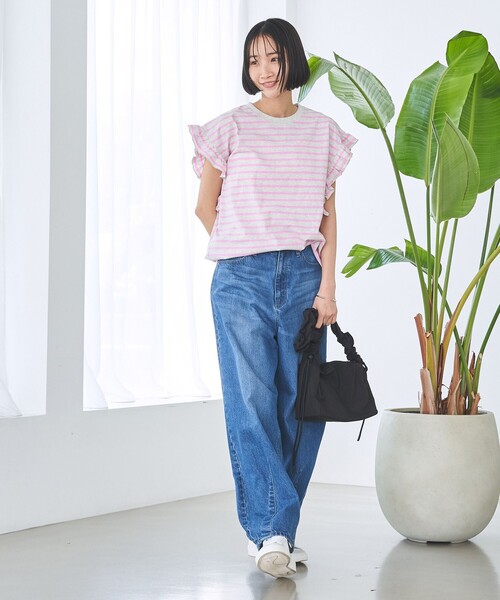 tシャツ ボーダーフリルトップス レディース Tシャツ ラッパ袖 ボーダー柄 フリル 黒 白 レディース トップス