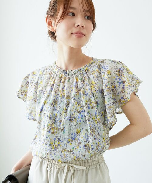 【大きいサイズ　レディース】綿麻ビエラフラワープリントフレアスリーブブラウス【日本製】 大きいサイズ レディース】綿麻ビエラフラワープリントフレア