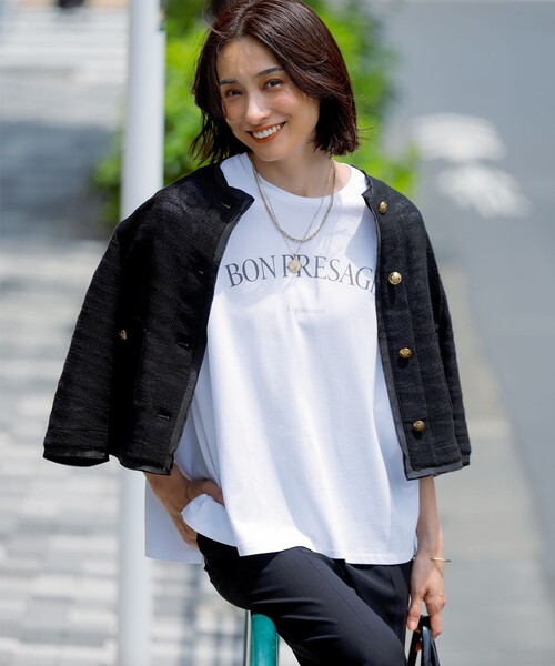 tシャツ 「接触冷感/洗える」BON-PRESAGE ロゴ フレンチスリーブ Tシャツ レディース 23区 tシャツ 「接触冷感/洗える」BON-PRESAGE ロゴ フレンチ