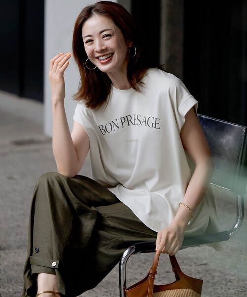 tシャツ 「接触冷感/洗える」BON-PRESAGE ロゴ フレンチスリーブ Tシャツ レディース 23区 tシャツ 「接触冷感/洗える」BON-PRESAGE ロゴ フレンチ