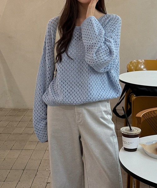 openwork knitting oversize pullover レディース
