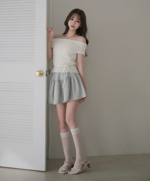 fupel ニット セーター off-shoulder ribbon knit tops