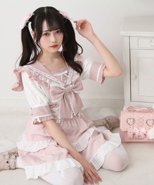 DearMyLove スカート 夏 シアーギンガムフリルサス付きスカート