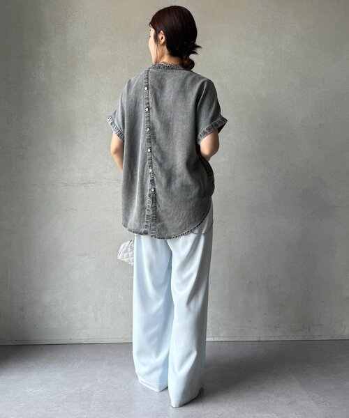ブラウス シャツ 「WEB限定」バックボタンリヨセルデニム半袖シャツ レディース DouDou ブラウス シャツ 「WEB限定」バックボタンリヨセルデニム