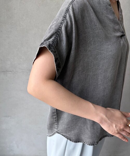 ブラウス シャツ 「WEB限定」バックボタンリヨセルデニム半袖シャツ レディース DouDou ブラウス シャツ 「WEB限定」バックボタンリヨセルデニム