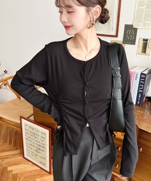 MARNO ブラック リブ編み カーディガン キッドモヘヤ×ウール×アルパカ×シルク〉リーフ模様編み カーディガン