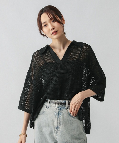 GLOBAL WORK ニット セーター メッシュラメポロニット半袖