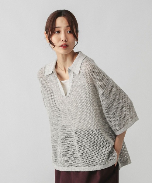 GLOBAL WORK ニット セーター メッシュラメポロニット半袖