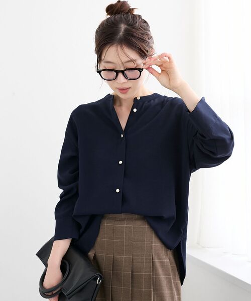 LINKABLE ボリュームブラウス　餃子ブラウス　ネイビー 長袖シャツ le.coeur blanc（ルクールブラン） ブラウス シャツ 大ヒットブラウス