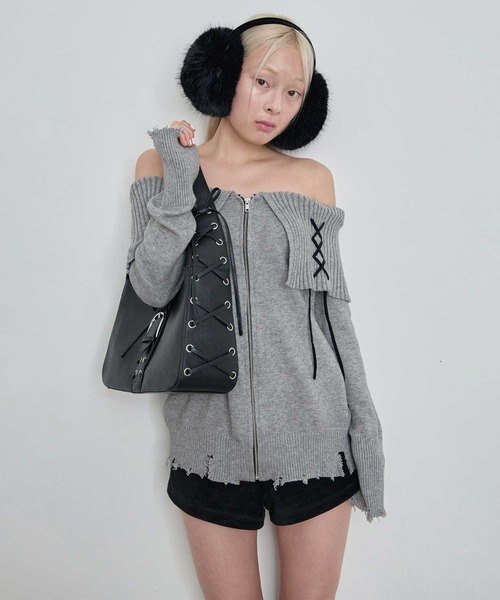 Heart Tattoo ワンピース lace up off shoulder mini knit one-piece