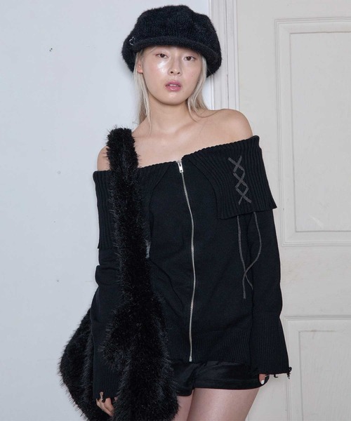 Heart Tattoo ワンピース lace up off shoulder mini knit one-piece