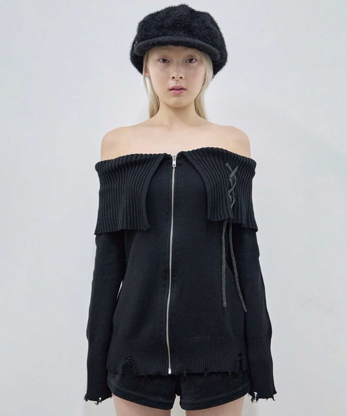 Heart Tattoo ワンピース lace up off shoulder mini knit one-piece