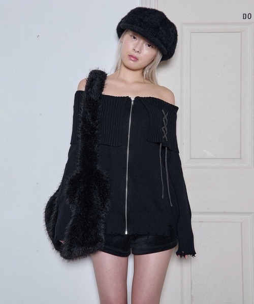 Heart Tattoo ワンピース lace up off shoulder mini knit one-piece