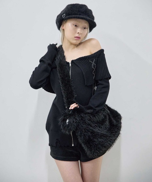 Heart Tattoo ワンピース lace up off shoulder mini knit one-piece