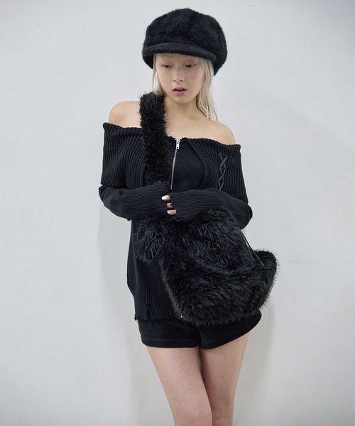 Heart Tattoo ワンピース lace up off shoulder mini knit one-piece