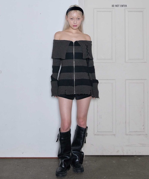 Heart Tattoo ワンピース lace up off shoulder mini knit one-piece
