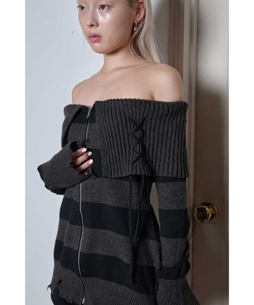 Heart Tattoo ワンピース lace up off shoulder mini knit one-piece