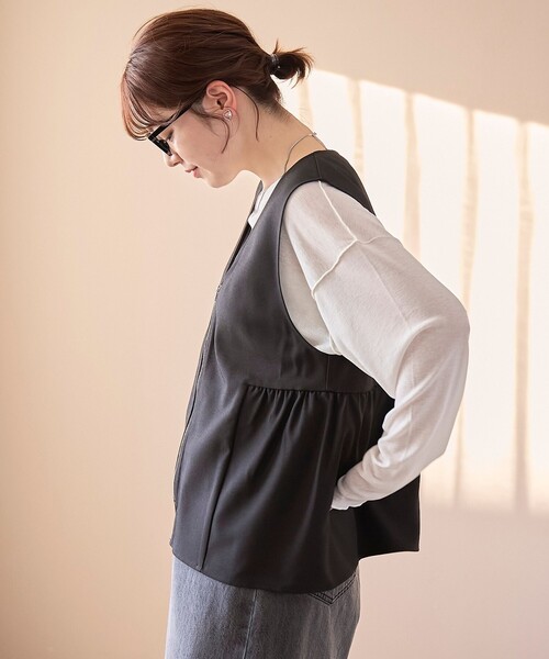 未使用LIBECOリベコTLB  リネンカシュクールエプロン　ベスト coen（コーエン） ベスト ジレ リネンライク ペプラムジップベスト