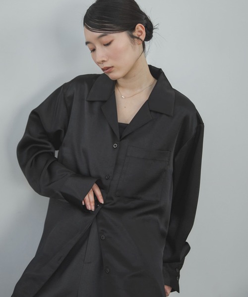 PETITROW サテンシャツ　ブラック 韓国 ノーカラー サテンシャツ おしゃれ 上品 パーティー (シャツ