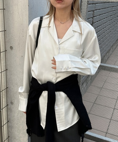 anne★ebonyシャツ＋レーヨンサテンパンツwhite feepur（フェピュール） ブラウス シャツ オープンカラーサテンシャツ