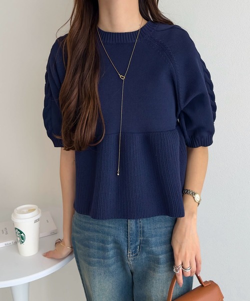 僅か⚠️人気新作♡¥6790【Chico】5分袖ボリュームスリーブケーブルニット KOBE LETTUCE（神戸レタス） ニット セーター ケーブルスリーブ