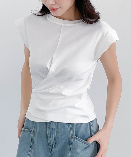 LOWO tシャツ 半袖 カシュクールデザイン ウエストタック フレンチ