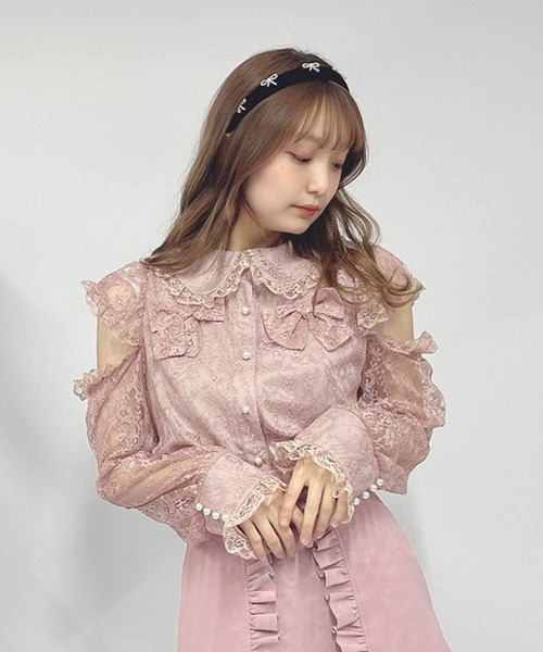 Swankiss（スワンキス） ブラウス シャツ PI ribbon lacy B/L 半袖ブラウス ピンク ブラックレース パールスワンキスSwan kiss