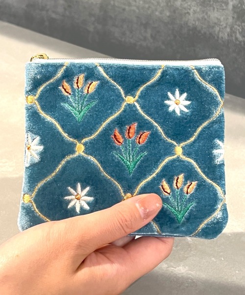 Flowering ポーチ ベロアフラワー刺繍/ミニフラット レディース
