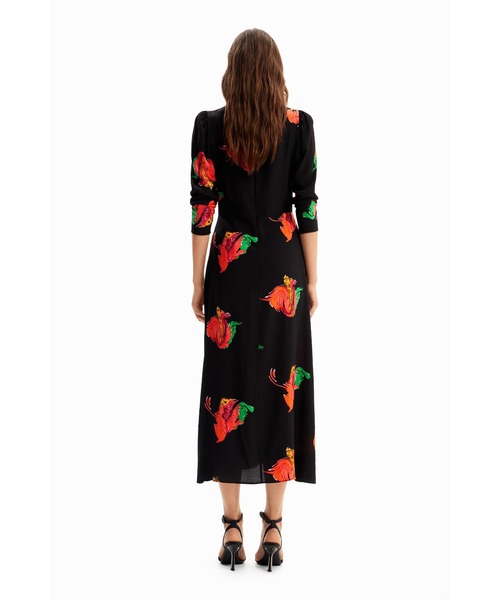 Desigual　スリット 花柄 ロングワンピース　フレア　フラワー　黒　S Desigual ワンピース スリット 花柄 ロングワンピース