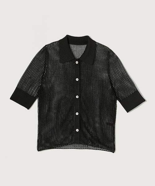 【美品】　アニュアンス　anuans ラメメッシュニットポロシャツ　黒　サイズＦ ラメメッシュニットポロシャツ(F CHARCOAL GREY): トップスanuans
