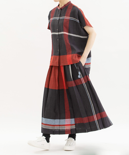 nop de nod スカート リネンパネルチェックステッチプリーツ