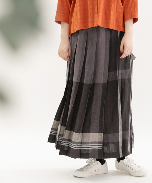 美品☆nop de nod リネンパネルチェックステッチプリーツスカート nop de nod スカート リネンパネルチェックステッチプリーツ