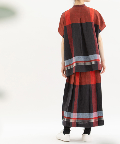 美品☆nop de nod リネンパネルチェックステッチプリーツスカート セール】リネンパネルチェックステッチプリーツスカート