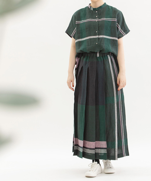 美品☆nop de nod リネンパネルチェックステッチプリーツスカート nop de nod スカート リネンパネルチェックステッチプリーツ