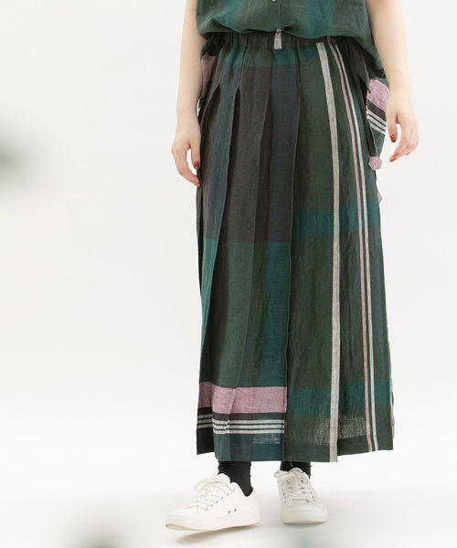 美品☆nop de nod リネンパネルチェックステッチプリーツスカート nop de nod スカート リネンパネルチェックステッチプリーツ
