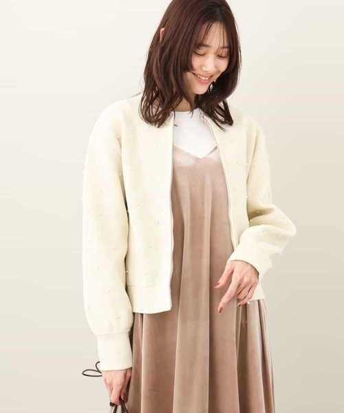 ジャケット ブルゾン 2024AW/パール調ビーズデザインニットブルゾン/洗える レディース