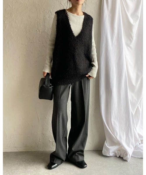 ベスト ジレ Vネックシャギーニットベスト レディース Pierrot ベスト ジレ シャギーVネックニットベスト レディース