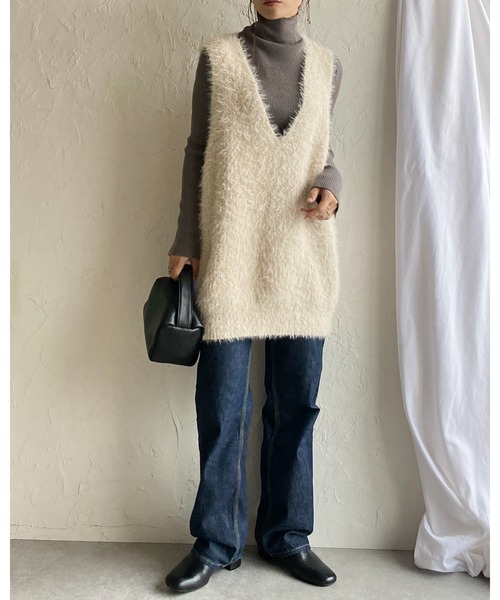 She's Closet ベスト ジレ オーバーサイズ深Vネックロング丈シャギー