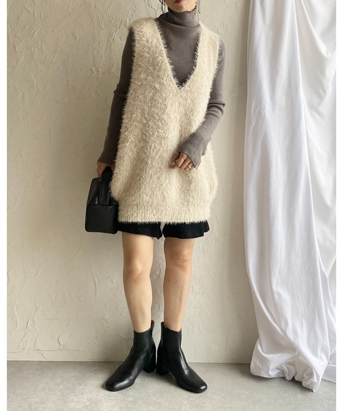 ベスト ジレ Vネックシャギーニットベスト レディース Pierrot ベスト ジレ シャギーVネックニットベスト レディース