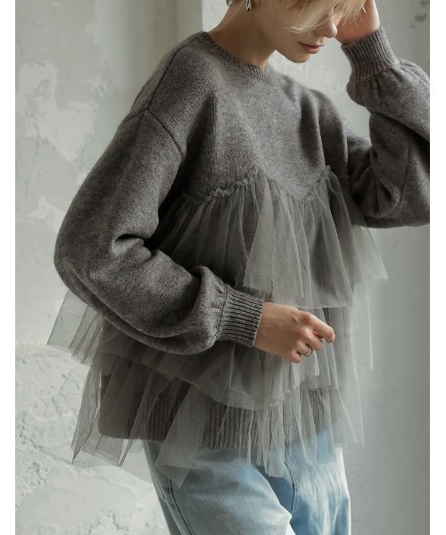 ニット セーター 「2024-25 WINTER COLLECTION」チュールギャザーモヘアタッチニットプルオーバー レディース