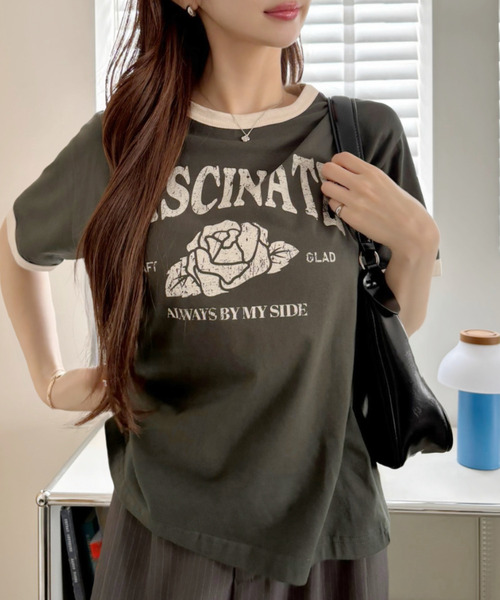 love again プリント Tシャツ 半袖 Ada. tシャツ ヴィンテージライク ローズプリント 半袖リンガーTシャツ